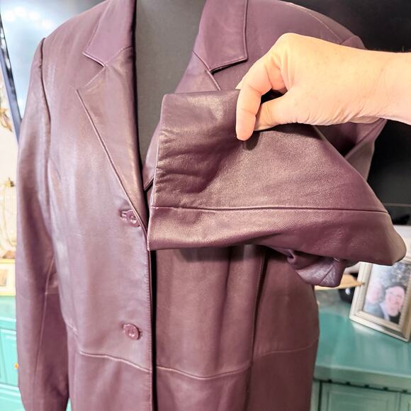 Centigrade Purple Leather Long Coat Jacket Large Thermolite Liner Button Front - Picture 6 of 12